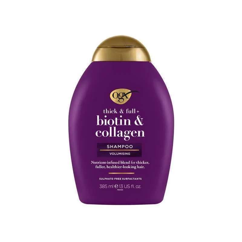 ogx thick & full + volumising biotin & collagen shampoo for fine hair 385ml ogx thick & full + volumising biotin & collagen shampoo for fine hair 385ml